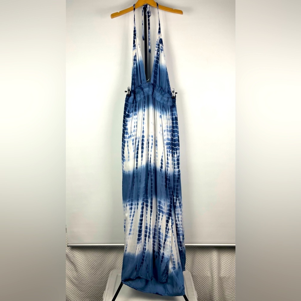 En Creme Blue White Tie Dye Triangle‎ Bust Elastic Waist Rayon Maxi Halter Dress